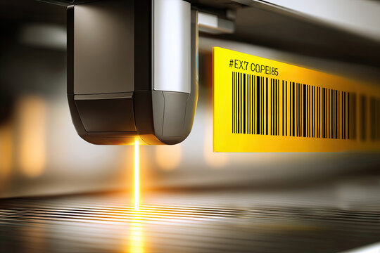 High-tech laser scanning device reading barcode with glowing light in a modern industrial setting