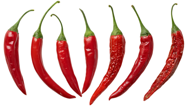 Seven vibrant red chili peppers arranged in a curved line isolated on transparent background