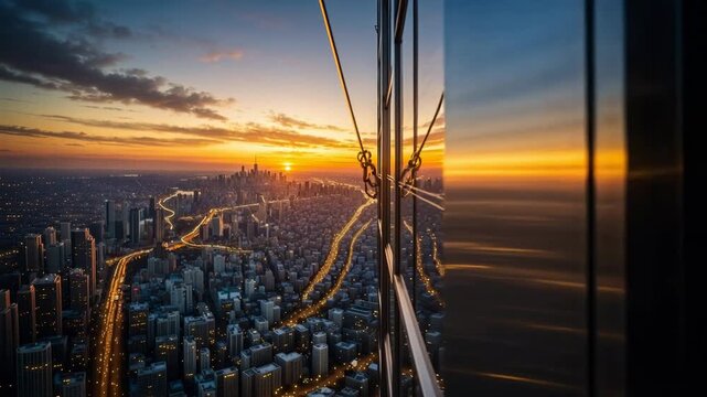 Sky-High Urban Glow at Golden Sunset Reflection