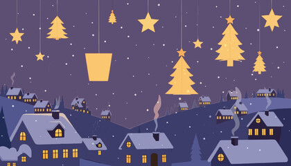 Lanterns Above Snowy Town