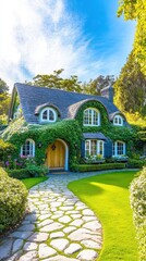 Fototapeta premium Picturesque Cottage in Lush Landscape: A charming cottage, enveloped in verdant ivy, offers a welcoming glimpse of idyllic living. A stone pathway leads through a meticulously manicured garden.
