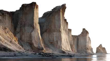Tall sandstone hoodoos and rock formations rising from calm water isolated on transparent background