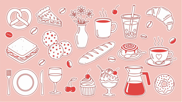 Outlined cafe, bakery, and dessert food illustrations collection for menu and sticker design.
