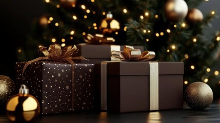 Festive Gifts under the Christmas Tree: An elegant display of wrapped presents nestles beneath a twinkling Christmas tree, adorned with gold ornaments.