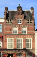 Oude Singel Canal Brick Building Facade in Leiden, Netherlands