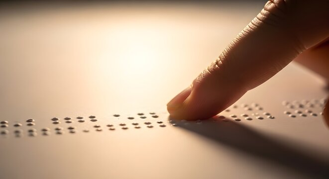 Close up of a finger reading braille on a white surface with soft light