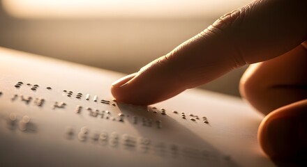 Close up view of finger touching braille on a white surface
