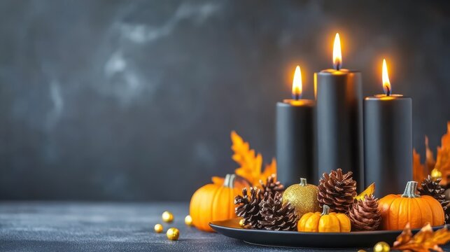 Illuminating Autumn: A captivating autumnal display features glowing candles amidst seasonal elements such as pumpkins and pine cones, set against a dark backdrop.