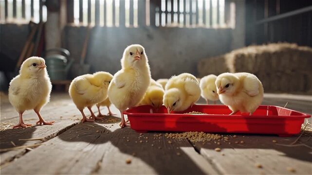 Petits poussins jaunes mangeant dans une mangeoire