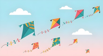 Colorful kites soaring in a bright blue sky with fluffy white clouds