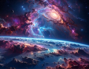 Obraz premium Orbital view above a world with a colorful cosmic nebula display