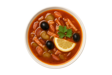Bright red tomato-based vegetable soup with olives, lemon slice, and parsley