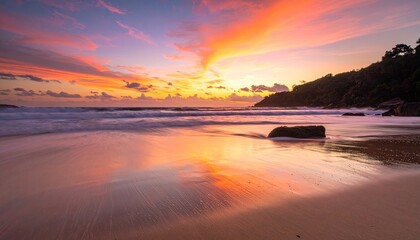 Dramatic sunset sky with vibrant orange and pink clouds reflected on a wet sandy beach with gentle ocean waves and a silhouetted tropical island coastline.