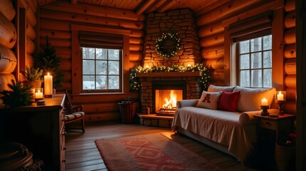 Theme Christmas, Cozy cabin with fireplace and snowy winter landscape view outside