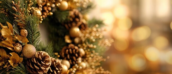 Elegant Christmas Wreath with Golden Ornaments and Pine Cones on Blurred Bokeh Background for Festive Holiday Season