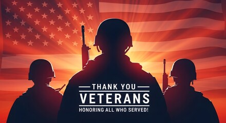 veterans day, In a patriotic tribute, silhouettes of brave soldiers stand proudly against the backdrop of an American flag at sunset, a heartfelt Thank You dedicated to veterans.