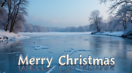 Theme Merry Christmas message illuminated on frozen winter lake surrounded by snow laden trees