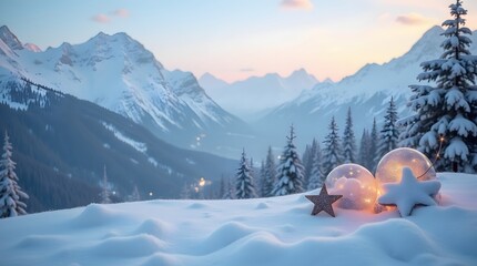 theme Christmas, Sparkling winter landscape with snow-covered mountains, pine trees, and glowing, purpose for background
