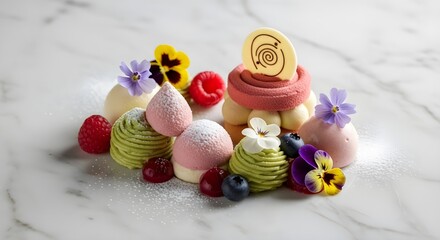 Elegant dessert arrangement with fresh berries and edible flowers on marble
