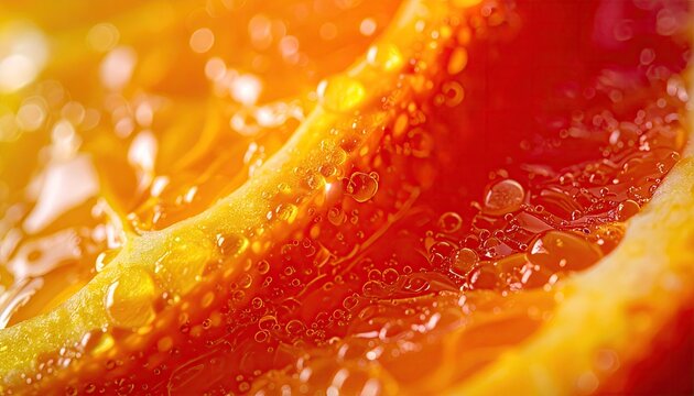 Extreme Close Up Of A Juicy Orange Slice Covered In Water Droplets With Soft Backlight And Shallow Depth Of Field