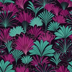 Art deco inspired tropical foliage pattern in deep purple and teal, creating a luxurious and stylized botanical motif © RAKMOTUN