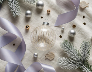 Christmas ornaments and silver ribbon are arranged on a white linen surface, creating a festive and elegant holiday scene.