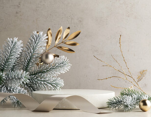 Christmas decorations adorn a white pedestal against a textured wall, creating a festive and elegant display for product placement during the holiday season.