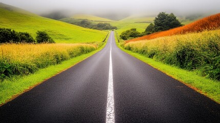 A Long Straight Rural Road Between Vibrant Green and Golden Fields