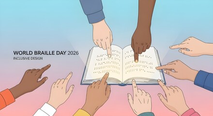 Hands pointing at braille book celebrating world braille day with inclusive design