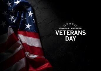 veterans day, A patriotic American flag is draped gracefully, its vibrant red and white stripes and stars on a deep, textured black backdrop. The image conveys respect and gratitude.