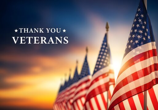 veterans day, A patriotic scene of the American flag waving proudly, with a heartfelt Thank You Veterans message, set against a stunning sunrise.