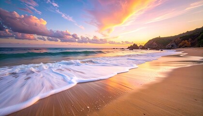 Golden Hour Beach Sunset with Foamy Waves and Dramatic Clouds Over a Rugged Coastline