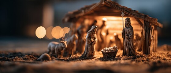 Nativity scene with baby Jesus, Mary, and Joseph figurines in a rustic stable Christmas holiday concept of faith, tradition, and religious celebration