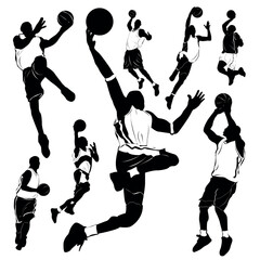 Basketball player silhouettes in dynamic action poses dribbling shooting dunking jumping