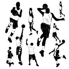 Basketball player silhouettes in action poses dribbling shooting dunking passing defending