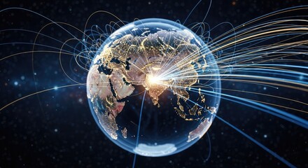 Glowing Earth, illuminated cities, interconnected by flowing lines in space, conveying global networks