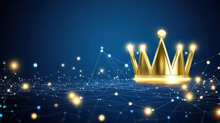 A luminous golden crown floating amid a futuristic blue network of connecting nodes and sparks