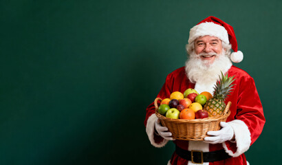 Santa Claus with a basket of fresh fruit on green background. Christmas fruit delivery concept, text space