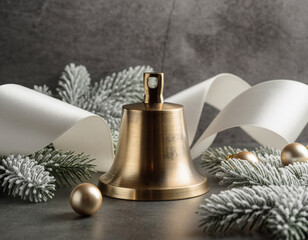 Golden christmas bell rests among snowy pine branches and ornaments on a textured gray surface, evoking a festive and serene holiday atmosphere.