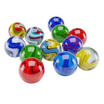 Collection of colorful swirled glass marbles on a black background
