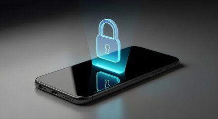 Smartphone security concept with glowing padlock over black screen display