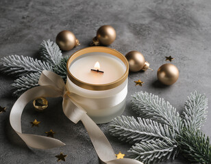 Burning candle surrounded by christmas ornaments and frosted pine branches on gray surface creates cozy and festive atmosphere during winter season.
