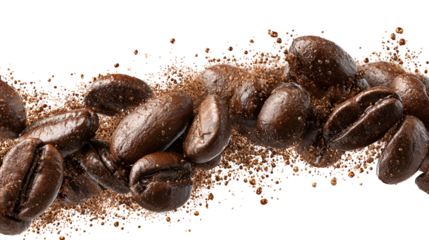 Close up dynamic shot of roasted coffee beans and powder exploding in mid air isolated on transparent background