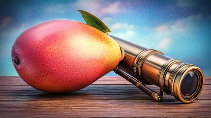 A Lush Peach Resting Beside a Vintage Brass Telescope on a Weathered Wooden Table Outdoors