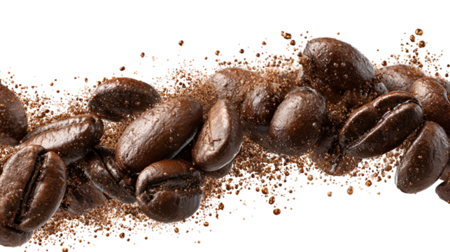 Close up dynamic shot of roasted coffee beans and powder exploding in mid air isolated on transparent background - Powered by Adobe