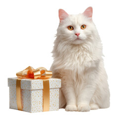 Fluffy White Cat Sits Next to a Beautifully Wrapped Gift Box With a Golden Ribbon
