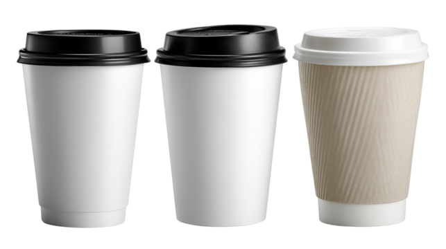 Three blank white disposable coffee cups with black and white lids isolated on transparent background