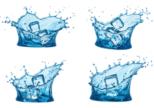 Four dynamic, electric blue water splashes with translucent ice cubes, frozen in time against a transparent studio background with copy space, ultimate refreshment concept