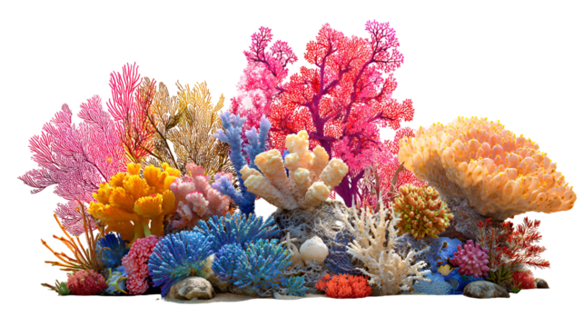 Vibrant and colorful artificial coral reef display isolated on transparent background