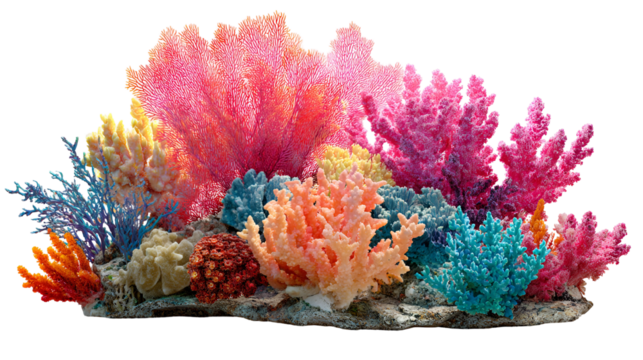 Vibrant artificial coral reef with colorful branches isolated on transparent background